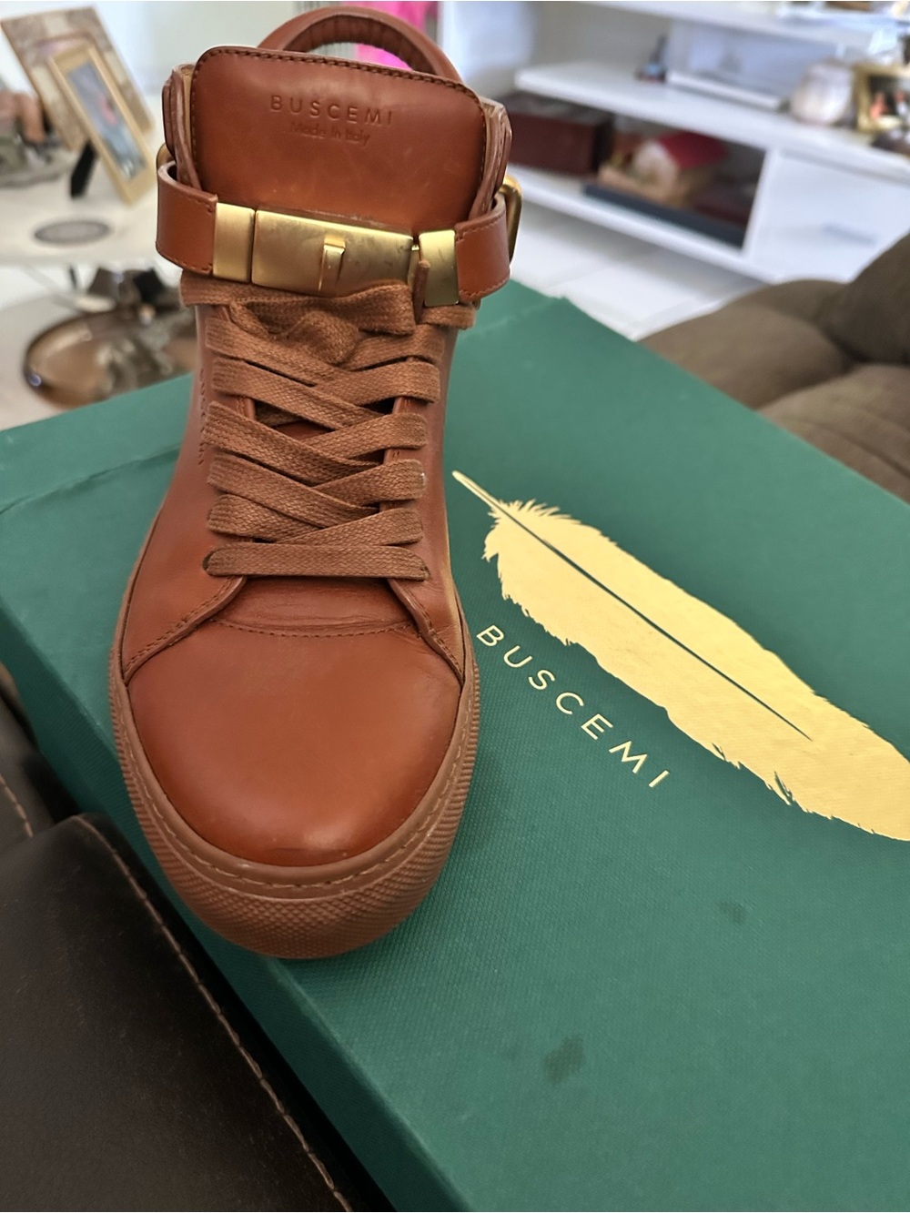 Buscemi Men’s Chestnut Brown Leather High-Top Sneaker with Gold Buckle Accent